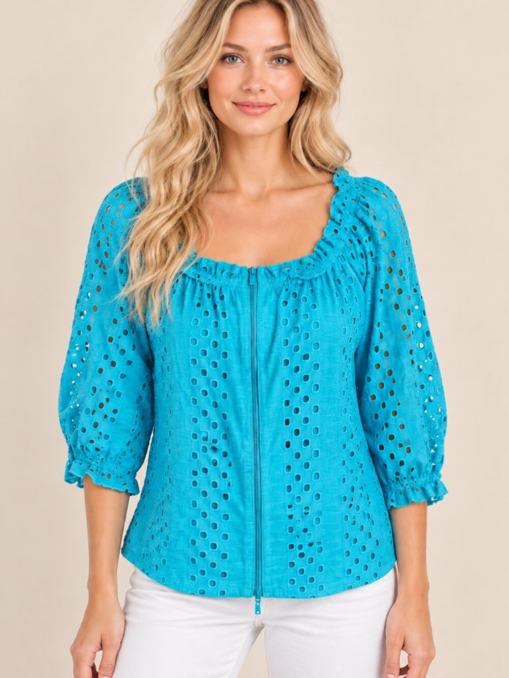 Samuel Dong Turquoise Embroidered Eyelet 100% Cotton Top Zip Front XS NWT